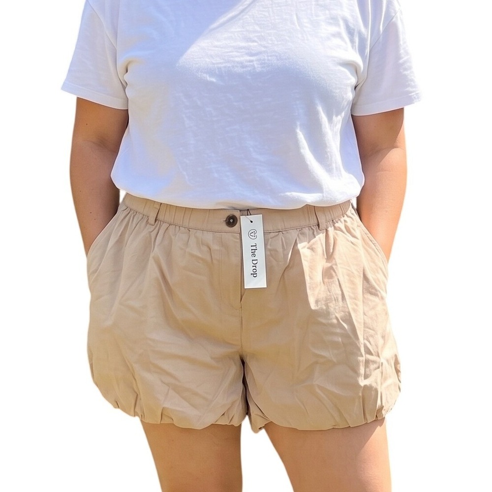 The Drop Women Tan Cotton Bubble Shorts XXL High Rise‎ Elastic Waist Beige New